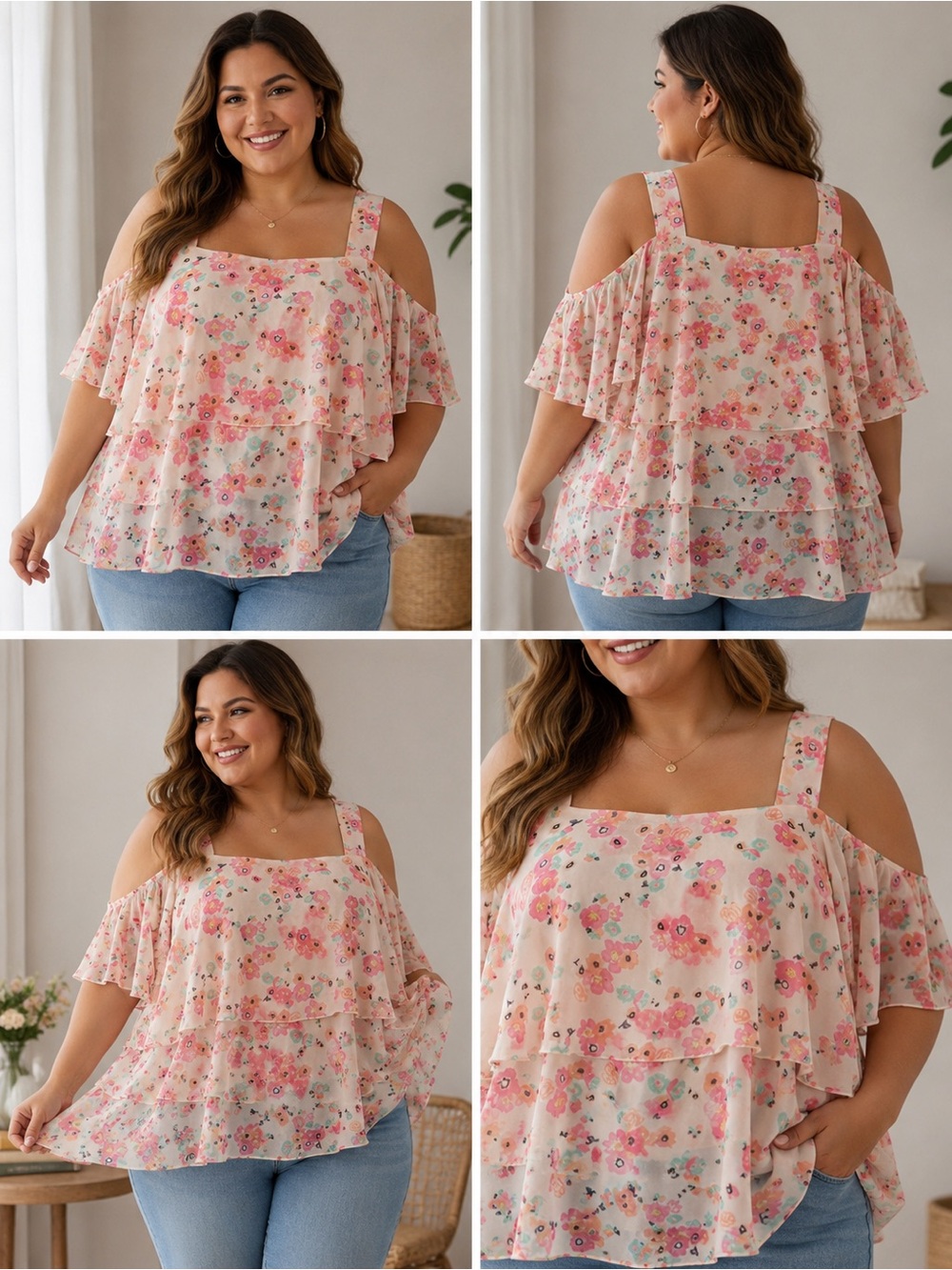 Pink/Orange Floral Ruffle Cold-Shoulder Blouse